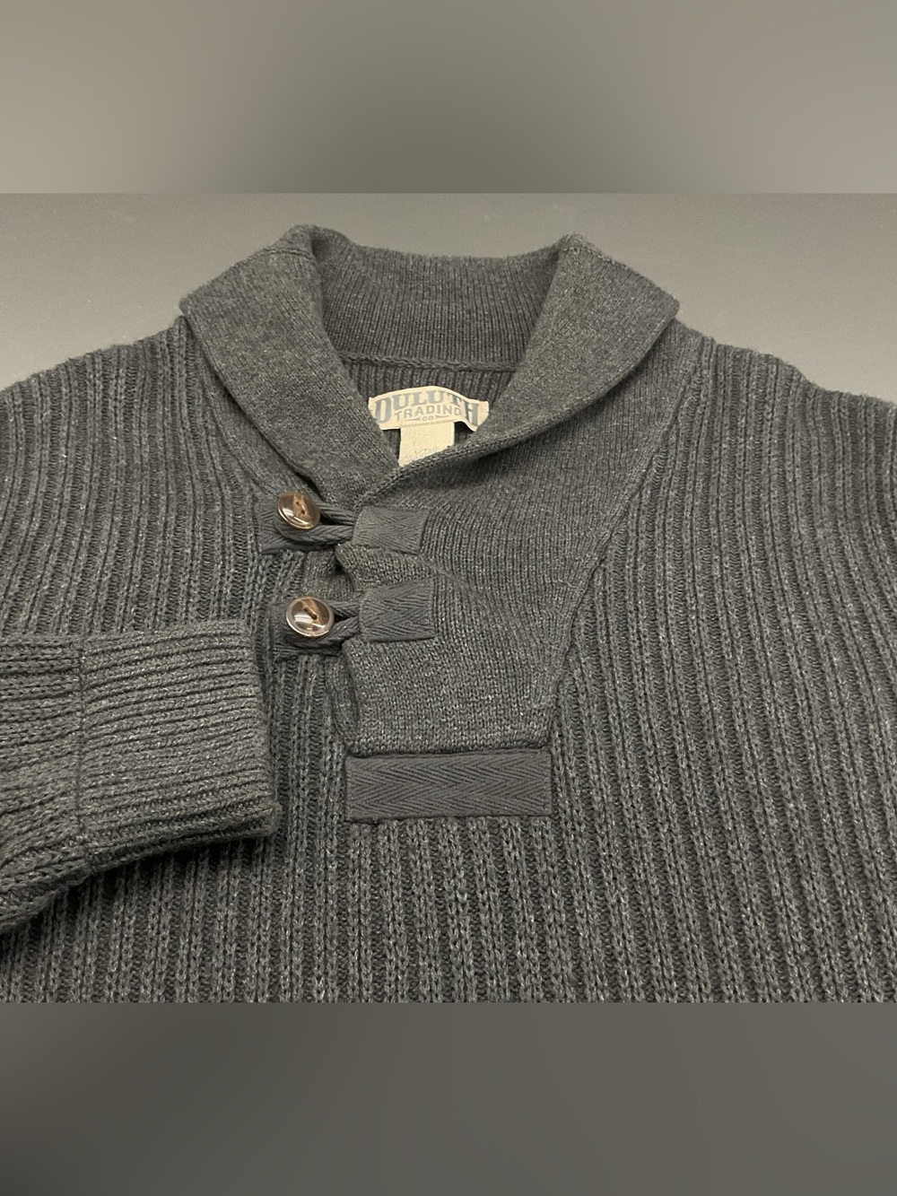 Duluth Trading Co men size LT Gray Shawl-Collar V-Neck Ribbed Sweater Wool Blend